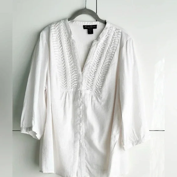 White Linen Blouse Pin Tuck Button Front 3/4 Sleeve Size 1X Marisa Christina - Picture 1 of 8